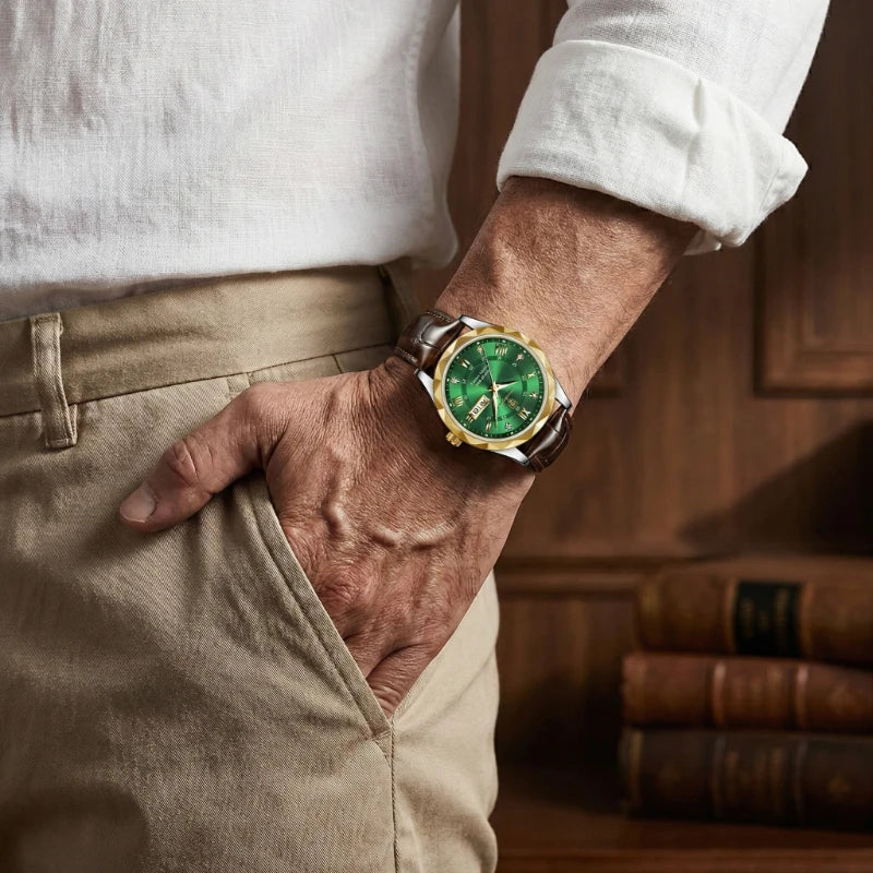 Relógio de Couro Luminous Gold Green 41mm
