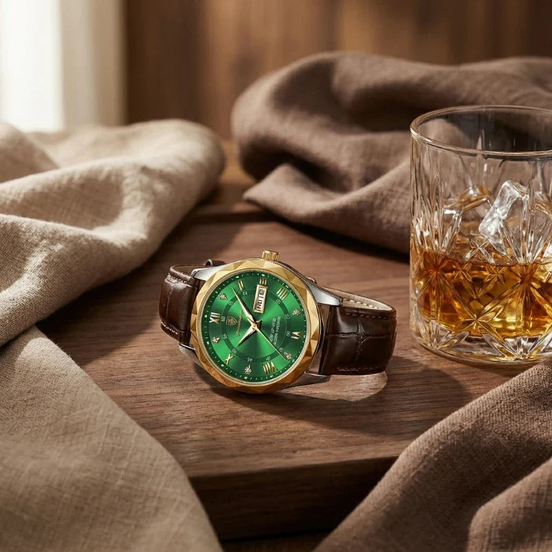 Relógio de Couro Luminous Gold Green 41mm