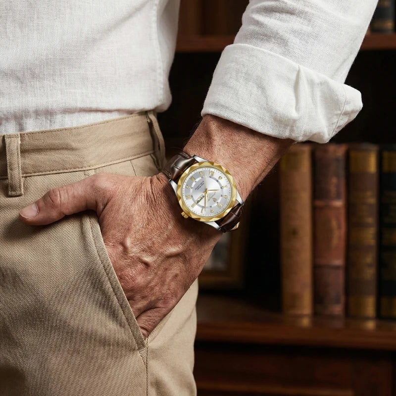 Relógio de Couro Luminous Gold White 41mm