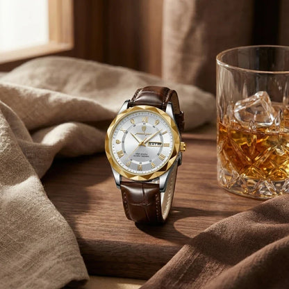 Relógio de Couro Luminous Gold White 41mm